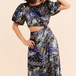Anthropologie velvet floral Puff Sleeve Dress with Cutout